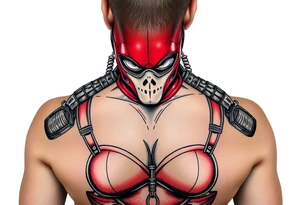 powerful female dominatrix wearing a red latex catsuit and full facemask surrounded by bdsm gear tattoo idea