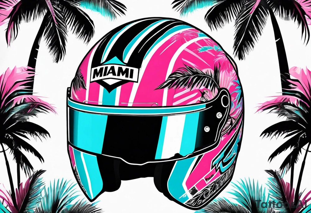 Formula 1 Helment with the Miami logo a palm tree and pink black and light blue colors tattoo idea