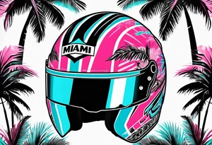 Formula 1 Helment with the Miami logo a palm tree and pink black and light blue colors tattoo idea