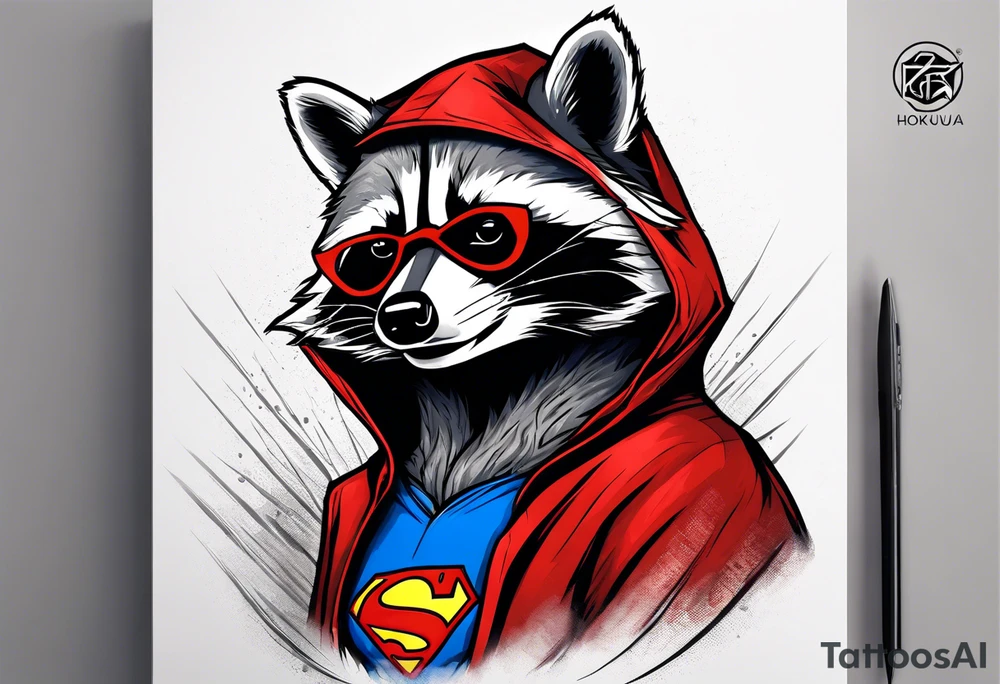 raccoon wearing a Superman hoodie tattoo idea