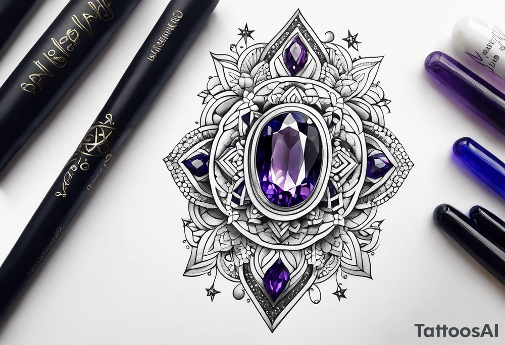 Delicate but strong garter tattoo band with sprinkles of stars and the amethyst, blue sapphire and peridot birthstones tattoo idea