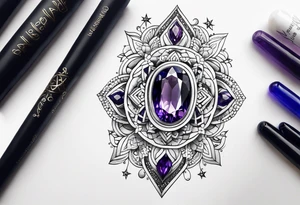Delicate but strong garter tattoo band with sprinkles of stars and the amethyst, blue sapphire and peridot birthstones tattoo idea