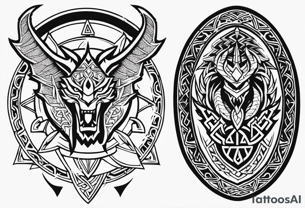 Valhalla sword shield dragon axe Valknut tattoo idea