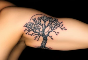 faded sun surrounding by clouds, big tree blooming with flowers tattoo idea