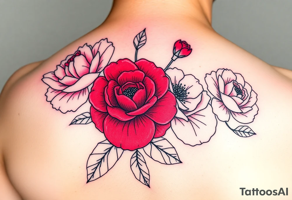 Pink peonie outline deep red rose outline red poppy outline and pink carnation outline for arm tattoo idea