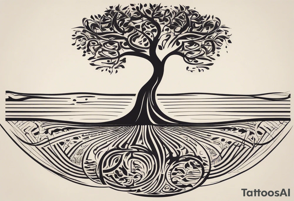 A tattoo design that incorporates the following elements: an abstract tree of life that has roots emerging  from the ground. Waves of water wrap around the tree in a non symmetrical design.  Incorporate musical notes into the tree. the letters U and A are overlapping and engraved into the tree. incorporate a golf ball or golf course symbols like a flag but not prominent. tattoo idea