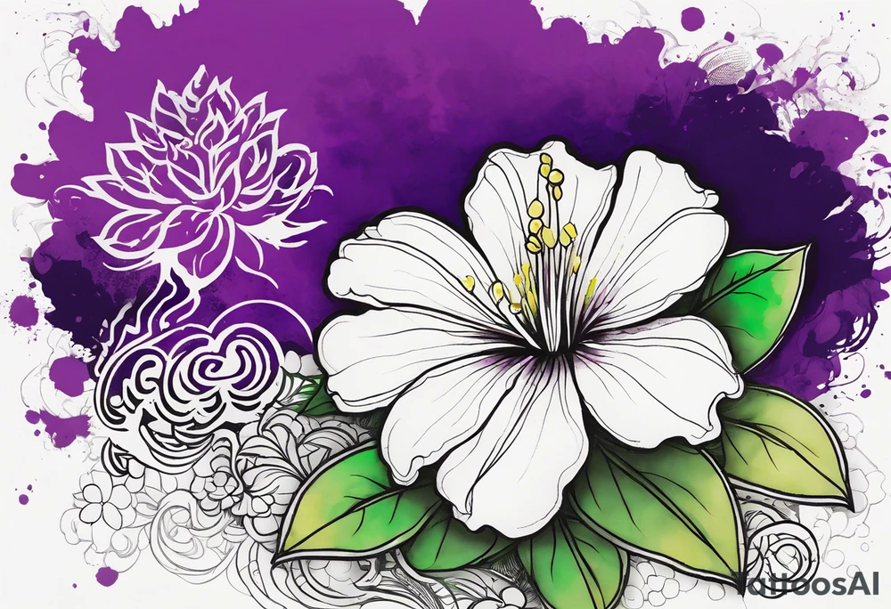 A mystical outline of a rio dipladenia flower and a green and purple watercolor splash in the background tattoo idea