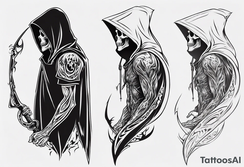 side view, hooded reaper upper body, no skull tattoo idea