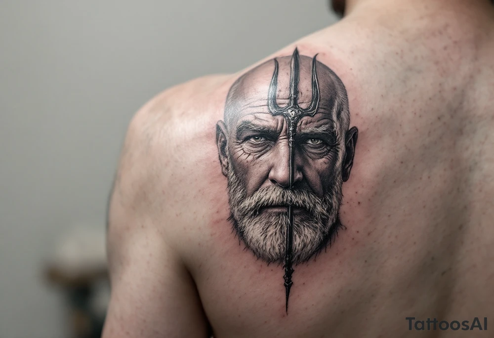 close-up mid-aged man with trident tattoo idea