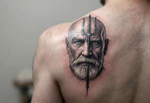 close-up mid-aged man with trident tattoo idea