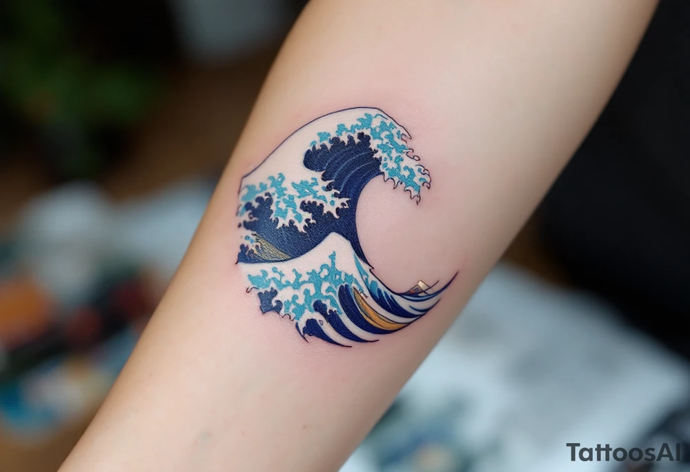 traditional Japanese wave in deep navy with white crests curling into a stylized spiral. tattoo idea