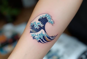traditional Japanese wave in deep navy with white crests curling into a stylized spiral. tattoo idea