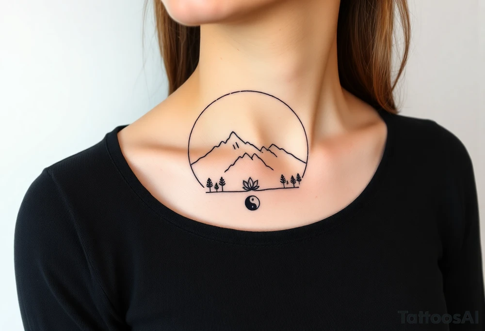 Ik zou graag een fine line tattoo willen ontwikkelen. een Minimalistisch ontwerp waarbij de 'mountains with two kids' een familievoorstelling zijn. ik wil daar graag een cirkel omheen plaatsen (van oneindig bij elkaar zijn). Onder dit geheel wil ik graag 4 kleine betekenisvolle doch kleine symbolen (ook minimalistisch, met bewustzijn (lotusbloem), persoonlijke groei (boom), dankbaarheid (soort spiraal), en balans (ying - yang). Dat geheel wil ik op mijn onderarm en mijn vriendin op haar pols. Kun je mij helpen? tattoo idea