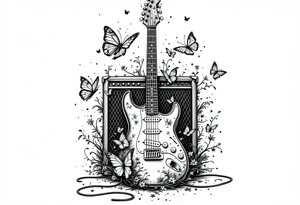 An electric guitar plugged into an amp with 5 butterflies flying around tattoo idea