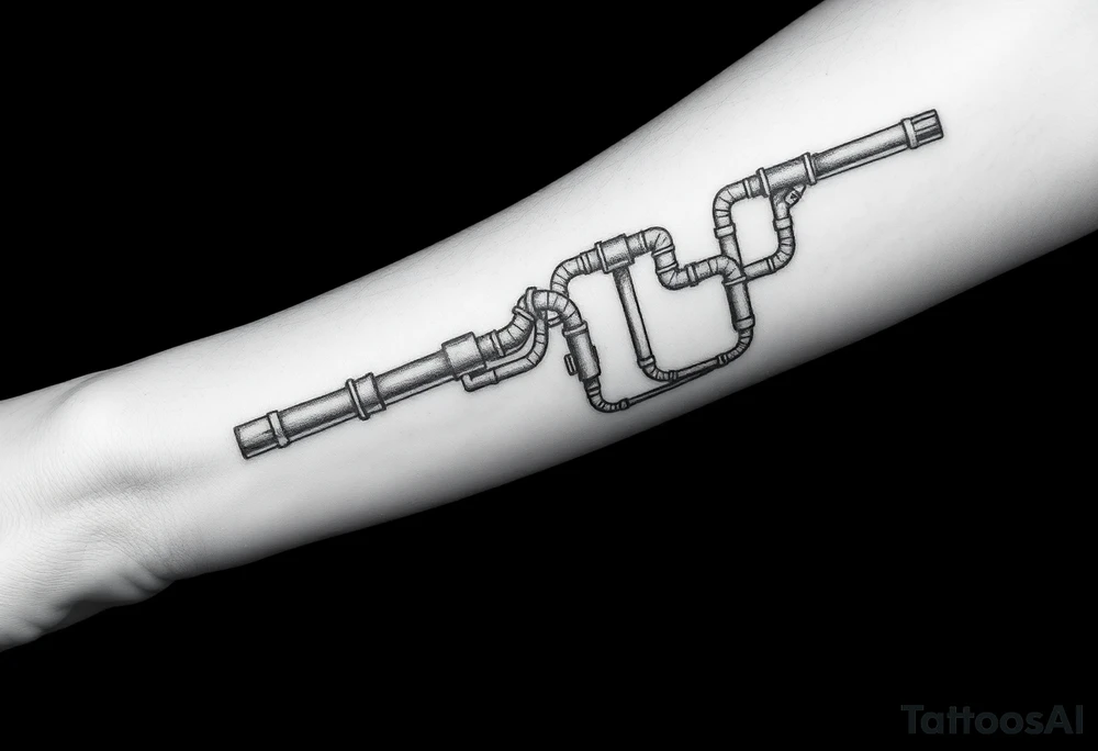 long System of pipes that transitions into veins of forearm. Top pipe starts closer to the elbow tattoo idea