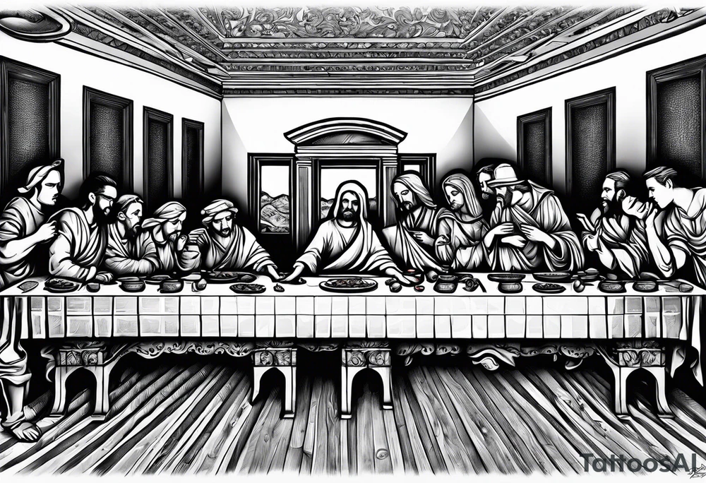 The last supper, but everyone at the table is a Skelton tattoo idea