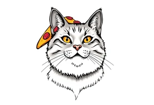 fat grey tabby cat portrait with pizza slice on its head tattoo idea