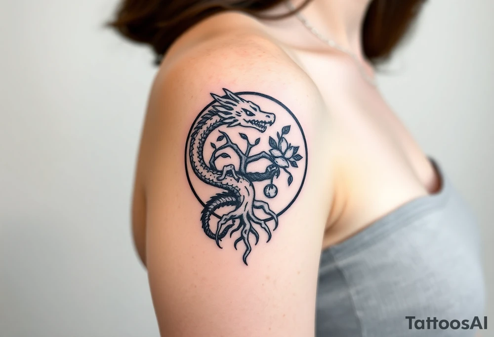 a dragon forming a circle with its body.  the dragon encircles the tree of life.   the tree of life has fruit  and the dragon is eating the fruit. the roots of the tree are strangling the tail of the dragon tattoo idea