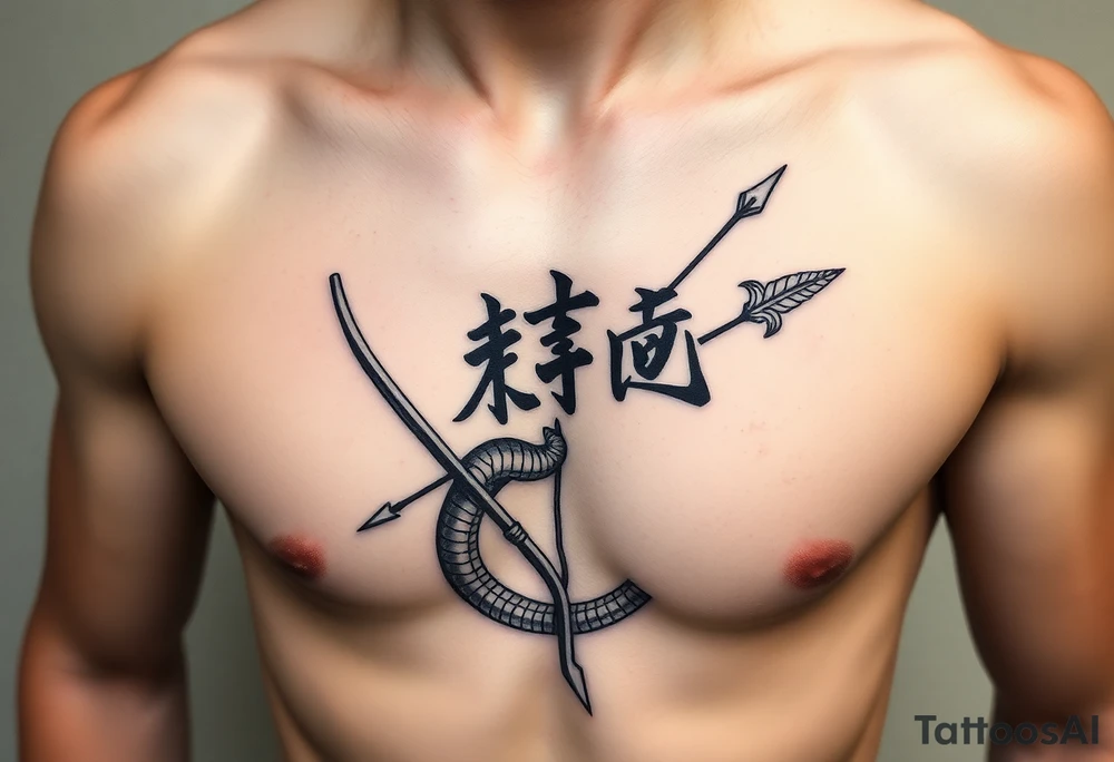 japanese writing with bow and arrow with snake wrapped around on chest tattoo idea