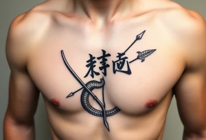 japanese writing with bow and arrow with snake wrapped around on chest tattoo idea