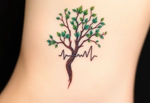 A heartbeat line flowing into a tree silhouette, with green leaves and brown bark, symbolizing the growth and strength of love tattoo idea