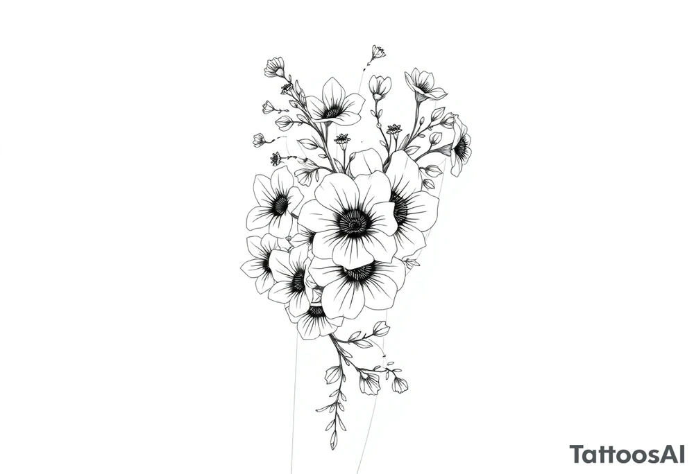 Full sleeve tattoo design of larkspur and hawthorn flowers, highly detailed line art, black ink, elegant botanical style, intertwined composition, no shading, no human mock-up, clean stencil style suitable for tattooing, fit fully within boundaries. LINE ART ONLY, REMOVE HUMAN, NO SKIN tattoo idea