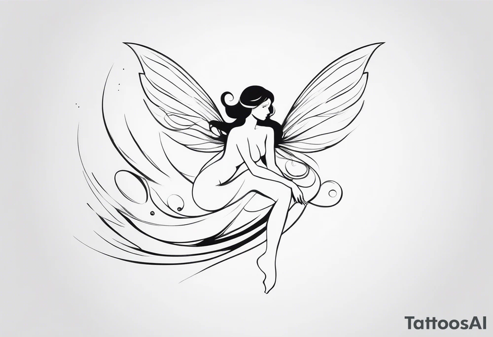 Minimalistic, monochromatic fairy with a tail flying to the left in a fetal position, leaning and looking in the same direction, with visible hands, embodying the 'Fairy Tail' logo aesthetic. tattoo idea