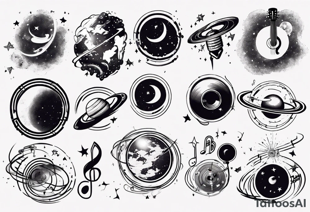 Music spinning around a planet in space tattoo idea