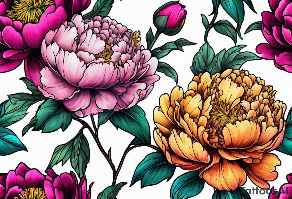 colorful peonies bouquet, neon colored tattoo idea