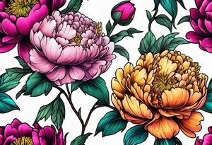 colorful peonies bouquet, neon colored tattoo idea