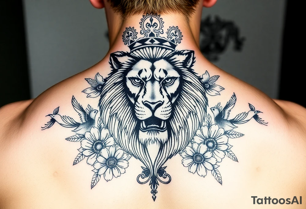powerful majestic lion with a crown, surrounded by floral ornaments and birds tattoo idea
