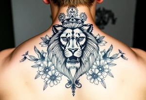 powerful majestic lion with a crown, surrounded by floral ornaments and birds tattoo idea