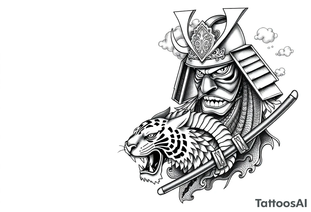 samurai warrior wearing a helmet and a mask. Some clouds around, with a tiger’s head beneath, and a samurai sword. This should be a good tattoo for forearm. Add a dragon going around them tattoo idea