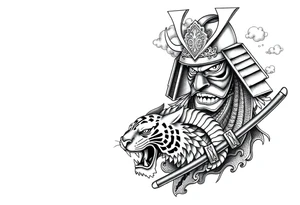 samurai warrior wearing a helmet and a mask. Some clouds around, with a tiger’s head beneath, and a samurai sword. This should be a good tattoo for forearm. Add a dragon going around them tattoo idea