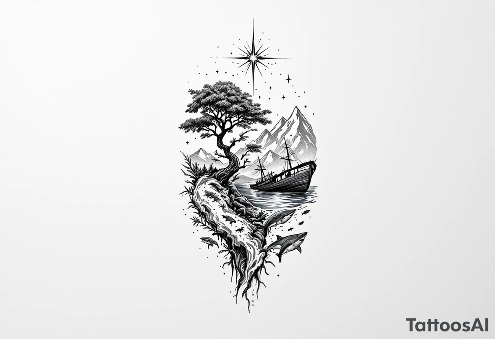 tattoo that has an acacia tree with forest mountains, ocean with a ship wreck with sharks and the bright northern star tattoo idea