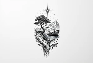 tattoo that has an acacia tree with forest mountains, ocean with a ship wreck with sharks and the bright northern star tattoo idea