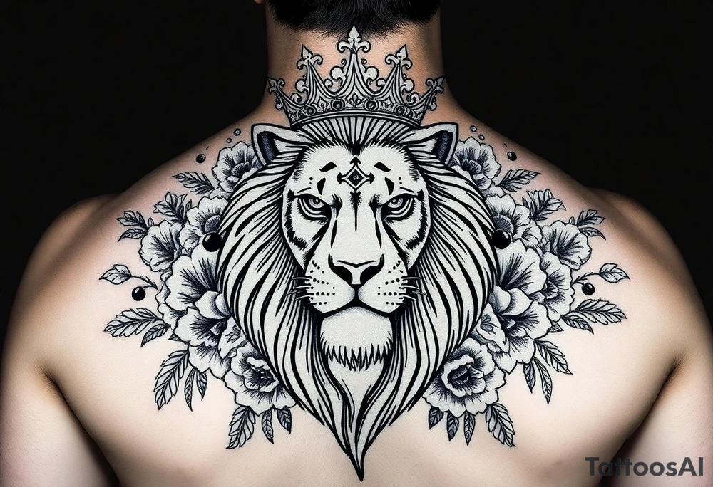 powerful majestic lion with a crown, surrounded by floral ornaments and birds tattoo idea