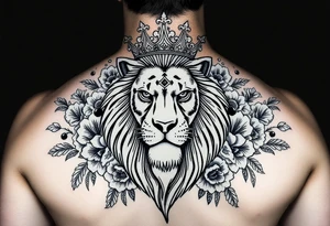 powerful majestic lion with a crown, surrounded by floral ornaments and birds tattoo idea