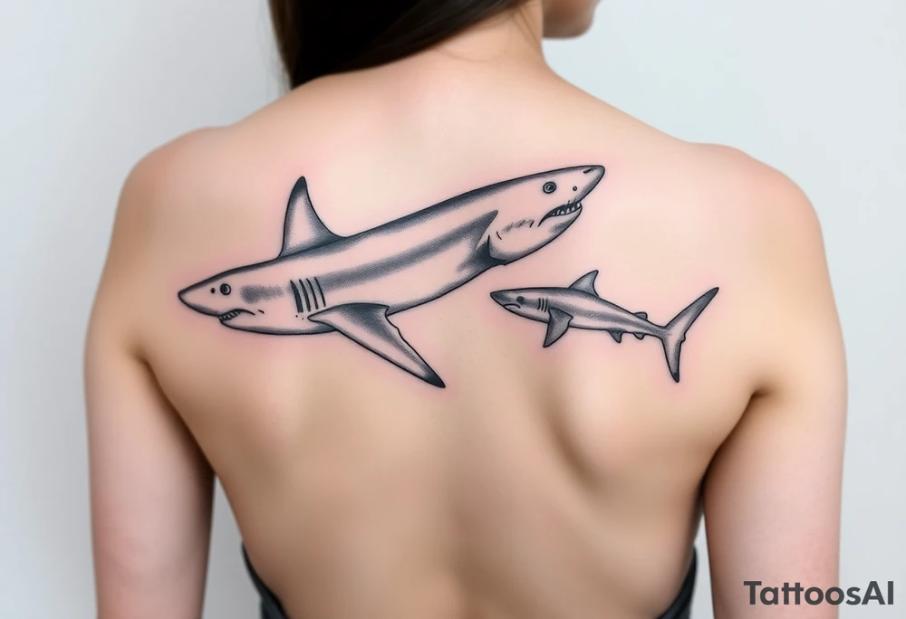 one lemon shark one whale shark going laterally up the spine tattoo idea