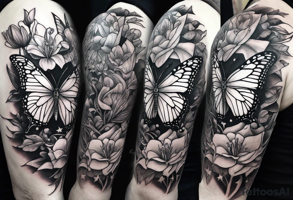 Harvey Ruby lillies flowers butterflies stars fantasy books half sleeve tattoo idea