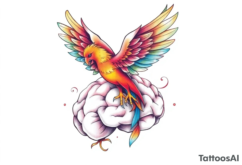A phoenix flying out of a brain colorful tattoo idea