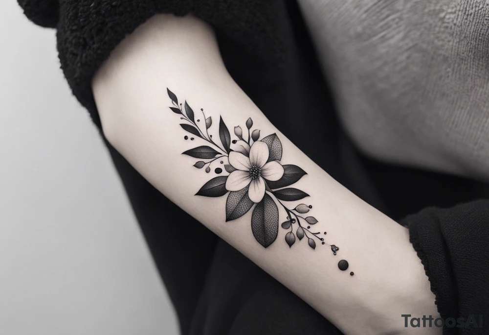 Design a minimalist tattoo featuring a combination of small flowers and leaves, arranged in a graceful, flowing pattern tattoo idea
