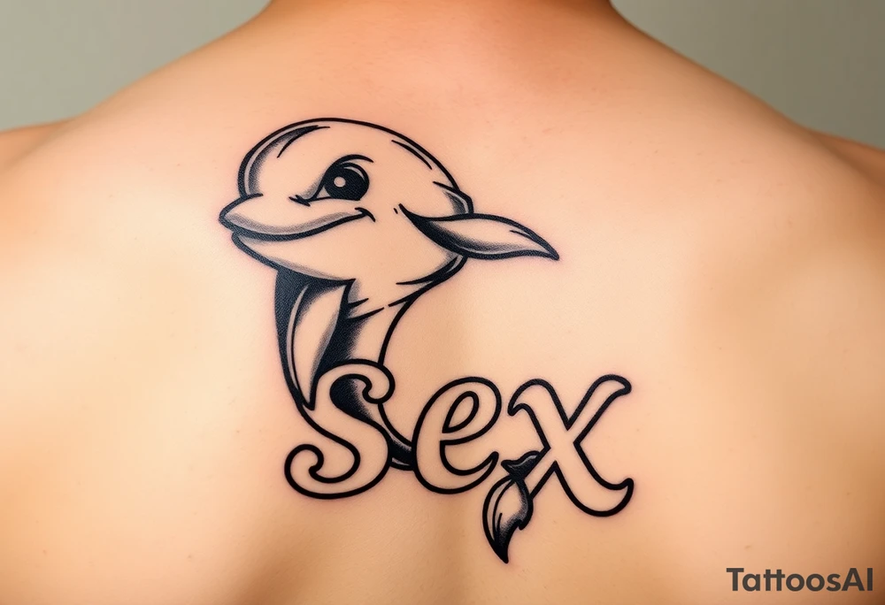 Cartoon dolphin with a mischievous face humping the word sex tattoo idea