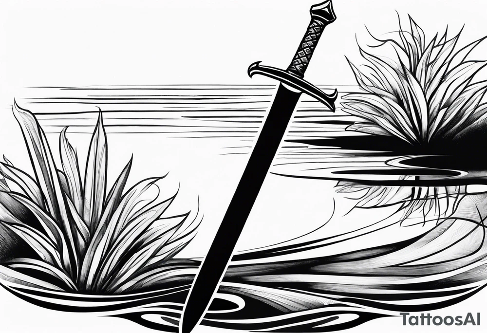 a sword with the idea of tranquility. THat has ripples resembling a pond. Brush strokes surrounding it. tattoo idea