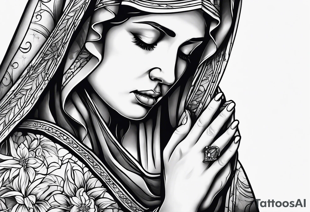 simple tattoo portraying a crying mary, front perspective, holding a tissue in her hand tattoo idea