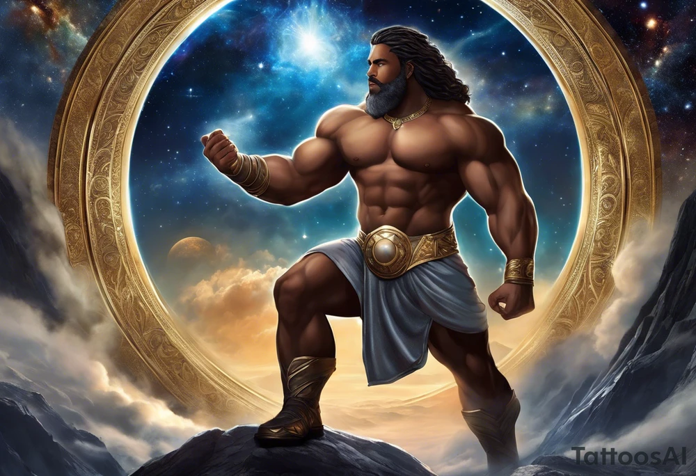 Jehovah looking out at the marvels of his creation from the atoms to the galaxy and celestial beings. With grey wash and a fantasy theme. Jehovah has to be a character who is so majestic, charismatic, immensely powerful. There isnt a single thing he isnt capable of doing. Infinitely powerful forward facing. Without the pagan styled attire and without the pagan symbols etceterashirtless, large muscular athletic physique, deep muscle definition tattoo idea
