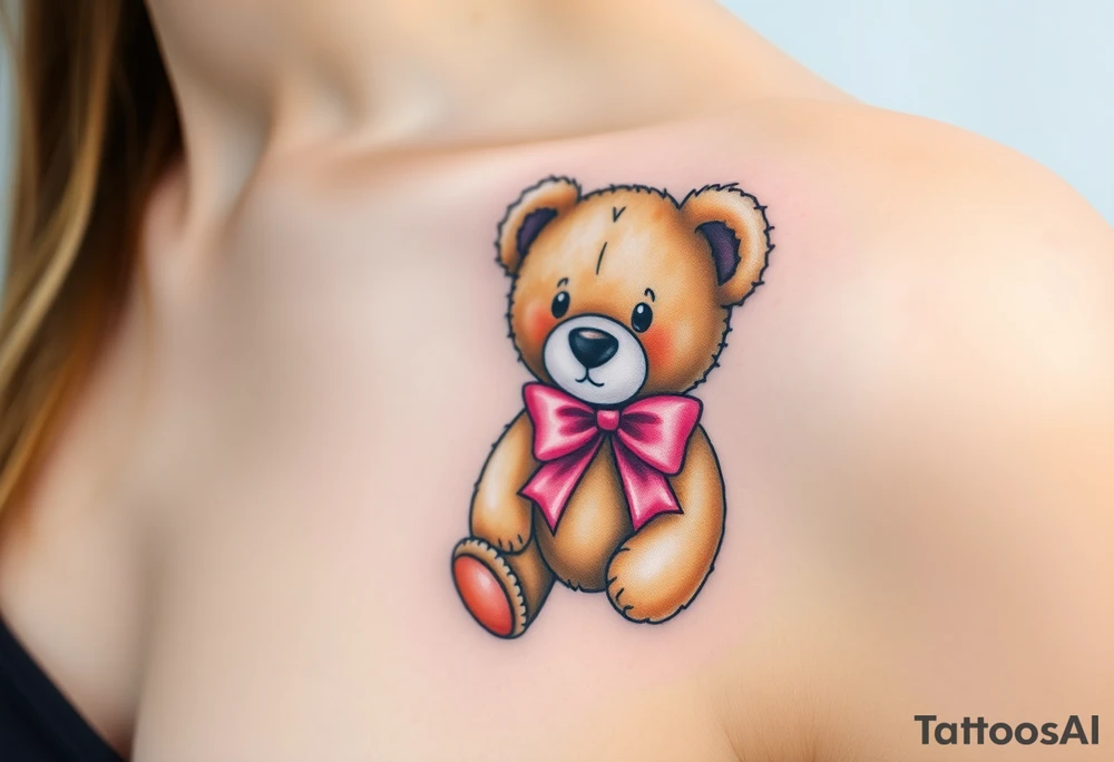 realistic tan teddy bear with a pink bow around its neck tattoo idea