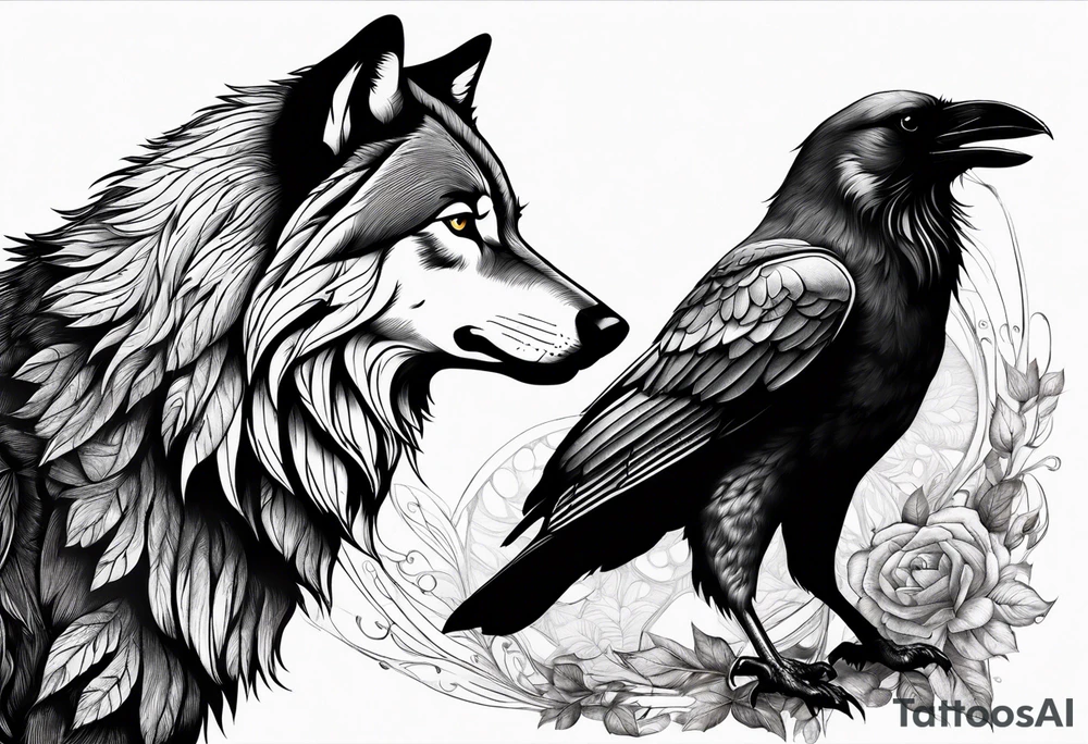 a wolf and a raven back to back facing opposite direction tattoo idea