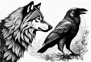 a wolf and a raven back to back facing opposite direction tattoo idea