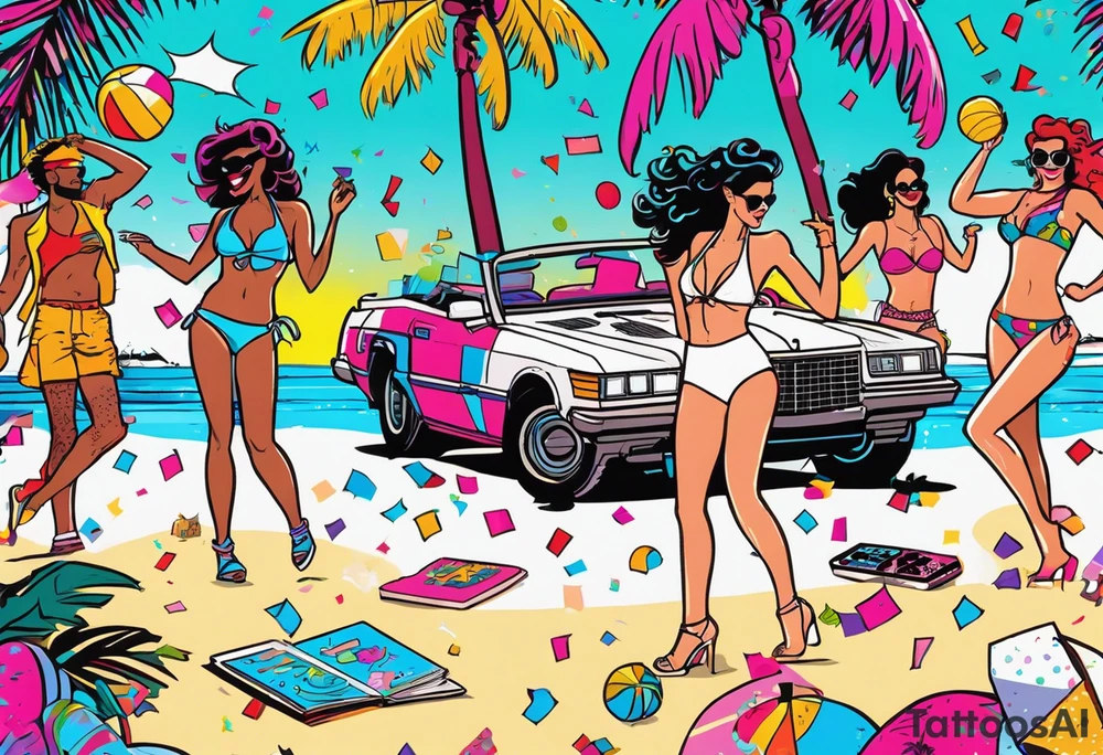 1980's miami vice style beach dance 
party, include confetti, music notes, boom box, bikinis tattoo idea
